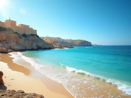 Piękna plaża z turkusową wodą i klifami, na których widać zabudowania. Czy to Cypr czy Malta? Trudno odróżnić te rajskie widoki.