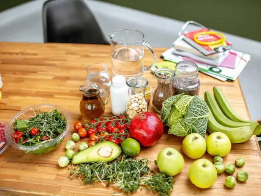 Składniki na dietę sirt: surowe mięso, sałatka, pomidorki, awokado, jabłka, kapusta, banany, nasiona, orzechy, oliwa, mleko.