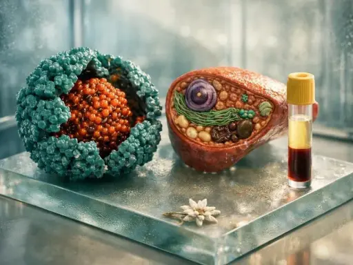 Modell einer Zelle und eines Virus, daneben ein Blutröhrchen. Dies könnte auf einen erhöhten Ferritinwert hinweisen, der auf Eisenüberladung oder Entzündungen hindeutet.