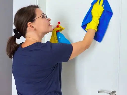 Mujer con guantes amarillos y paño azul limpia puerta lacada en blanco con spray.