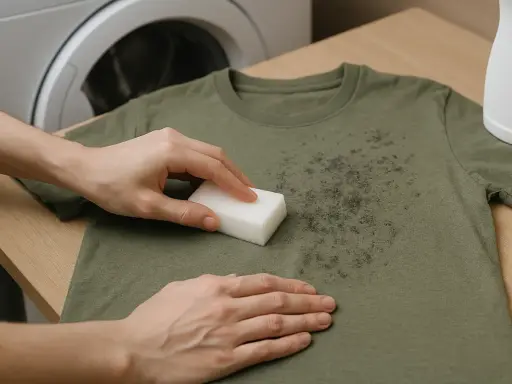 Manos frotando manchas negras en camiseta verde con esponja, cerca de una lavadora.
