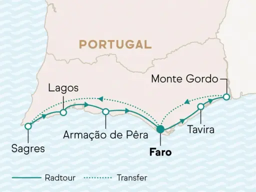 Karte der Algarve mit Routen von Sagres über Lagos, Armação de Pêra, Faro, Tavira bis Monte Gordo. Zeigt Radtouren und Transfers.