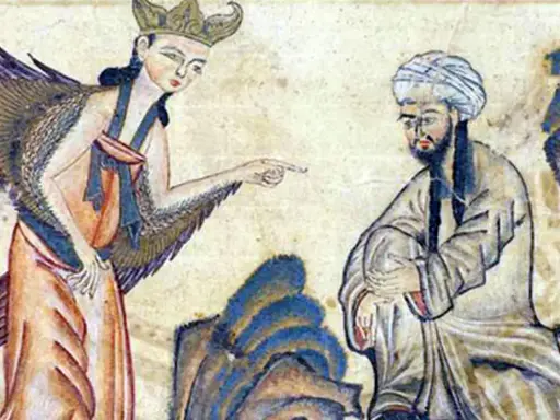 Ein geflügeltes Wesen mit Krone deutet auf einen Mann. Vielleicht eine Darstellung, was sind Jinns, Wesen zwischen Mensch und Engel.