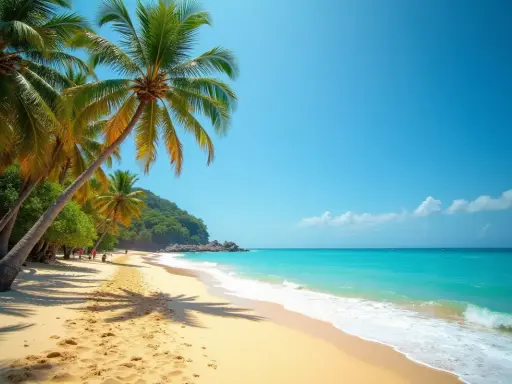 Plaża ze Sri Lanki z palmami, turkusową wodą i piaszczystym brzegiem.