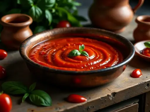 Gęsty, aromatyczny sos do pizzy w misce, ozdobiony listkiem bazylii. Wokół świeże pomidorki i gliniane naczynia.