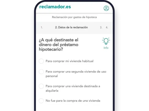 Formulario de reclamador.es para reclamaciones BBVA sobre gastos de hipoteca. Pregunta sobre el destino del dinero del préstamo.