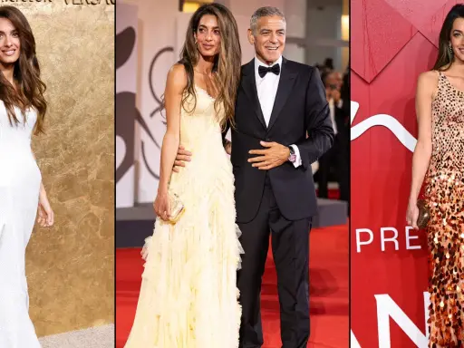 Amal Clooney stuns in a pale yellow lace gown next to George Clooney in a tuxedo. Another woman in a white dress and one in a sequined dress are also pictured.
