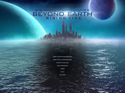 Widok na futurystyczne miasto na wodzie pod dwoma obcymi planetami. Odkryj nowe światy w grze **Beyond Earth**.