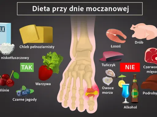 Dieta przy dnie moczanowej: TAK - nabiał, chleb, warzywa, wiśnie, jagody. NIE - drób, łosoś, tuńczyk, czerwone mięso, podroby, owoce morza, alkohol.