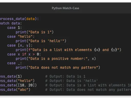 Kod Pythona demonstrujący `python switch` (match-case) do przetwarzania danych, z przykładami dla liczb, stringów i list.