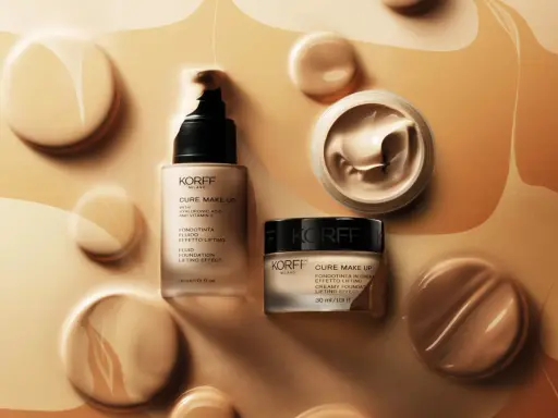 Prodotti Korff, fondotinta fluido e in crema, pronti per essere applicati, un'idea di come si mette il primer per un effetto lifting.
