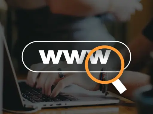 Dłonie piszące na laptopie, z lupą nad napisem "WWW".
