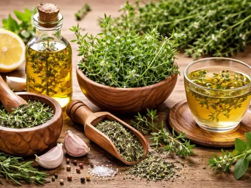 Huile infusée, tisane et herbes fraîches de la sarriette, prêtes à parfumer vos plats.