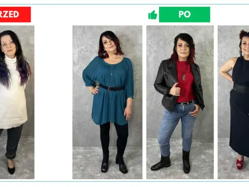 Kobieta prezentuje cztery różne stylizacje: luźny sweter i spodnie, sukienkę, jeansy z ramoneską i sukienkę maxi.