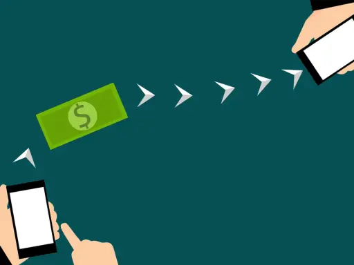 Ilustración que muestra cómo se hace una transferencia bancaria: un billete de dólar se mueve de un teléfono a otro, indicando el proceso.