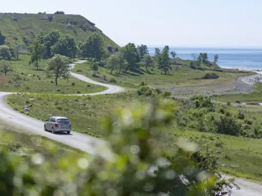 En bil kör på en slingrig väg längs Gotlands kust. Perfekt för att upptäcka nya aktiviteter på Gotland.