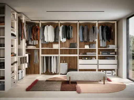 Ein moderner, offener Kleiderschrank, der zum Selberbauen inspiriert. Hängende Kleidung, Regale mit Accessoires und eine Sitzbank.