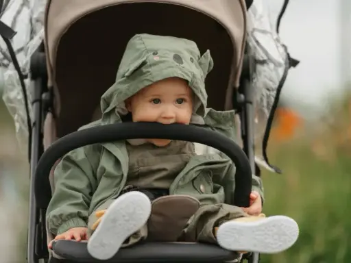 Maluch w wózku, w zielonej kurtce z misiem, gryzie pałąk. To urocze babciowe chwile.