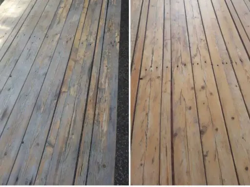 Comparaison avant/après : le bois grisâtre et usé retrouve sa couleur naturelle grâce à l'acide oxalique.