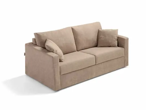 En beige soffa med lösa kuddar, perfekt för den som vill byta stoppning soffa och ge den nytt liv.