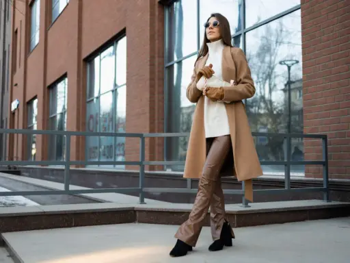Elegancka kobieta w płaszczu w kolorze camel. Ten odcień pasuje do każdej karnacji, dodając klasy i ciepła.