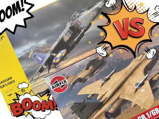Zwei Modellbausätze von Kampfjets, Heller und Airfix, im Comic-Stil. Ein "BOOM!"-Effekt und "VS" deuten auf einen Wettbewerb hin.