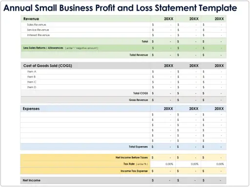 Modèle de compte de résultat annuel pour petites entreprises. Il permet de mettre à profit les données financières pour analyser les revenus, les coûts et les dépenses.