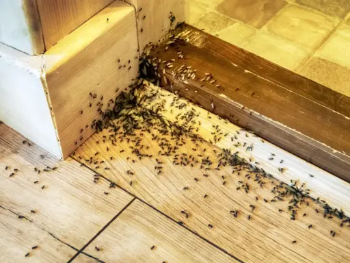Rój mrówek w mieszkaniu, maszerujących po drewnianej podłodze i listwach przypodłogowych. Widać też białe larwy.