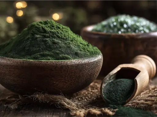 Grünes Pulver in Holzschalen und Löffel. Das ist Spirulina, ein nährstoffreiches Superfood.