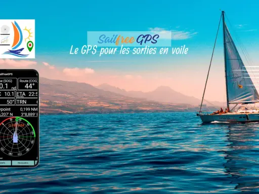 Application GPS bateau SailFreeGPS affichant vitesse, route et waypoints. Un voilier navigue sur une mer bleue, montagnes en arrière-plan.