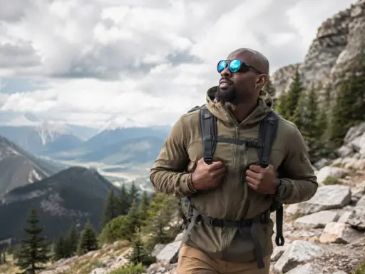 Uomo con zaino e occhiali da sole fa escursioni in montagna, godendosi il panorama mozzafiato.