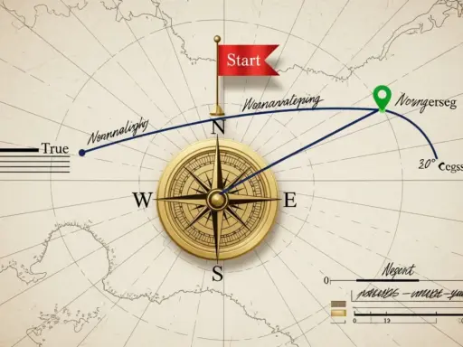 Kompas wskazuje kierunki świata, a niebieska linia wyznacza trasę od "Start" do "Norngerseg", pokazując drogę przez morza i oceany.
