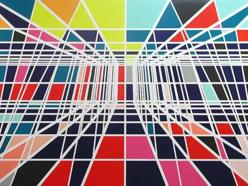 Abstract geometric artwork with a sense of depth, featuring colorful triangles and rectangles. This is a vibrant example of pattern.