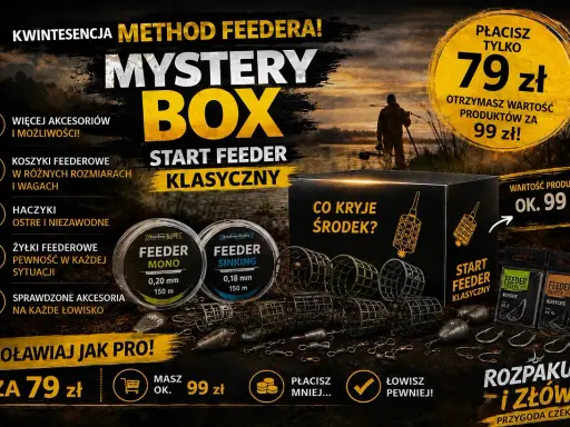 Mystery Box z akcesoriami do metody feeder. Zestaw startowy feeder klasyczny zawiera koszyki, haczyki, żyłki. Kup za 79 zł, wartość 99 zł.