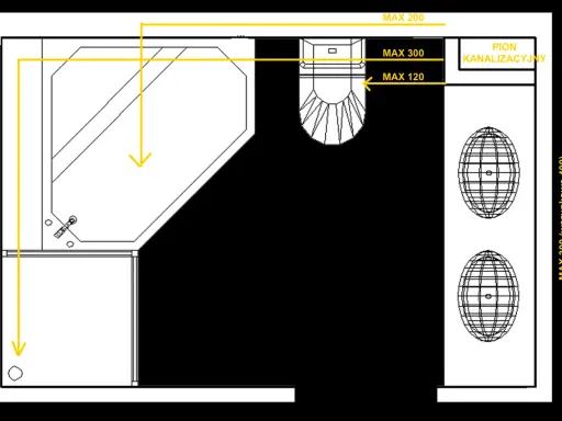 Schemat łazienki z wanną, WC i umywalkami. Określono maksymalną odległość WC od pionu kanalizacyjnego: 120 mm.