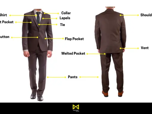 Diagram of a suit, labeling suit pieces: shirt, collar, lapels, tie, breast pocket, button, flap pocket, welted pocket, pants, shoulders, and vent.