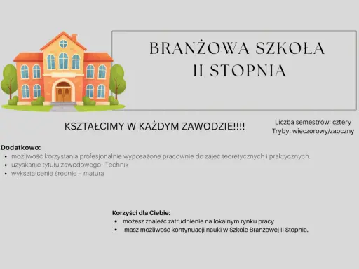 Szkoła Branżowa II Stopnia kształci w zawodach, oferując praktyczne pracownie i możliwość zdobycia tytułu technika.
