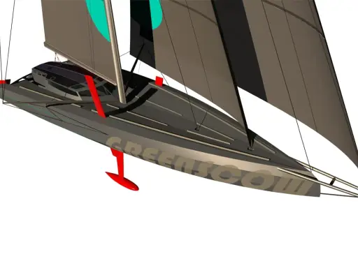 Le voilier IMOCA Lazare, avec ses foils rouges et ses voiles sombres, prêt à fendre les vagues.