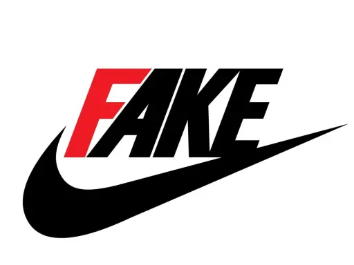 Das Wort "FAKE" in Rot und Schwarz über dem Nike-Swoosh. Ein Hinweis auf gefälschte Nike-Produkte, die vielleicht in Vietnam hergestellt wurden.