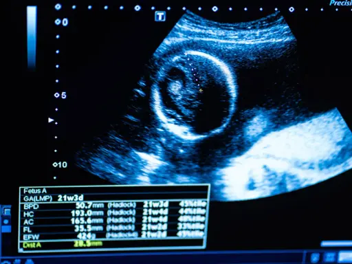 Obraz usg ciąży pokazuje rozwijający się płód. Na ekranie widoczne są pomiary i wiek ciąży.