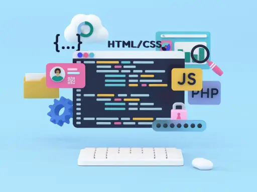 Kreatywny frontend: kod HTML/CSS, JS, PHP, chmura, lupa, klawiatura i myszka symbolizują tworzenie stron internetowych.