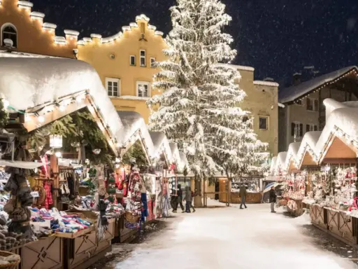 Mercatini di Natale nel Nord Italia, con bancarelle innevate, un grande albero illuminato e case decorate. Magia invernale.