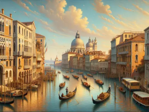 Venise, un paysage de rêve à la Canaletto, avec ses canaux, ses gondoles et ses palais dorés sous un ciel nuageux.
