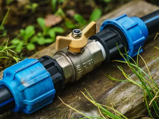 Metalowy zawór z żółtą rączką, połączony z rurami PE. Instalacja wodna w ziemi, gotowa do użytku.