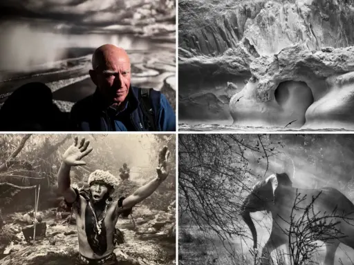 Ritratti e paesaggi in bianco e nero di Sebastiao Salgado: un uomo, rocce scolpite, un indigeno e un elefante.