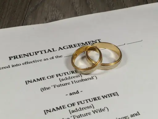 Złote obrączki na dokumencie "Prenuptial Agreement" – protokół przedmałżeński, który określa warunki przed ślubem.