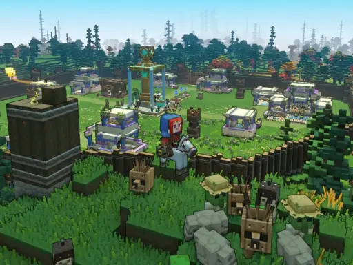 Postać na koniu przemierza wioskę w grze Minecraft Legends, otoczoną lasem i budynkami.