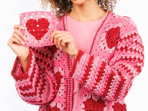 Una mujer muestra un cardigan tejido a mano, rosa y rojo, con un corazón de ganchillo. Este es un ejemplo de qué es un cardigan.