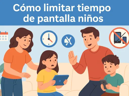 Familia en un sofá con iconos de calendario, reloj, silencio y prohibición de pantallas.