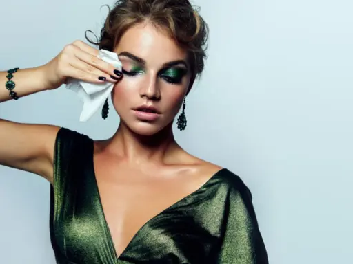 Mujer con maquillaje dramático verde, quitándose el rímel a prueba de agua con una toallita.